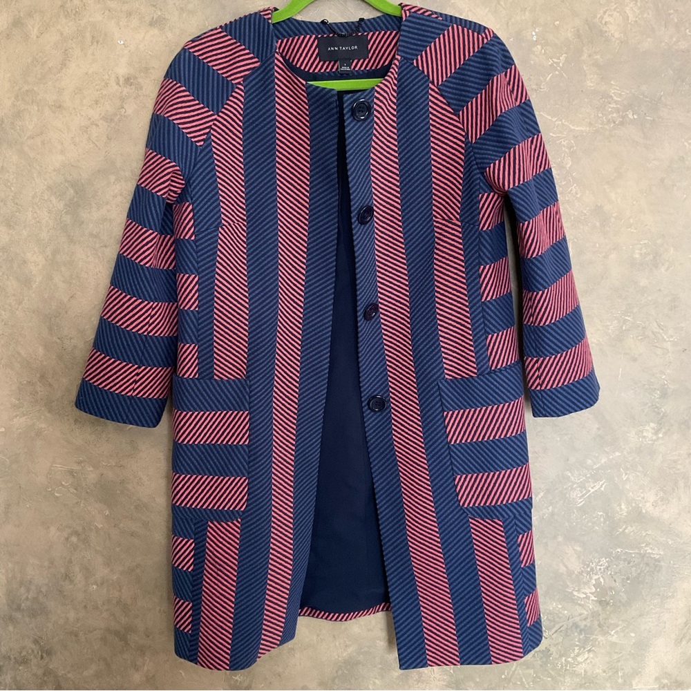 Ann Taylor Striped Woven Collarless Mod Top Coat